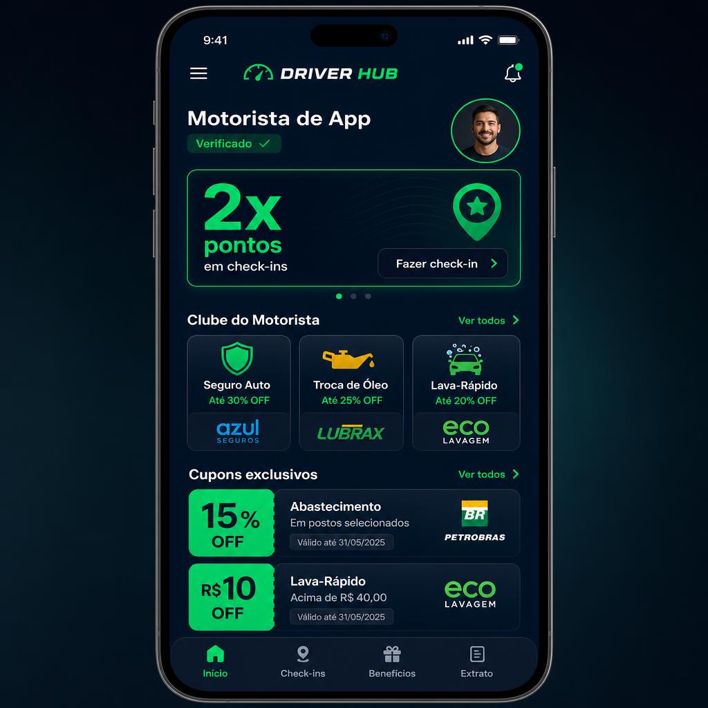 Exemplo de tela: Driver Hub: 2x pontos + Clube do Motorista