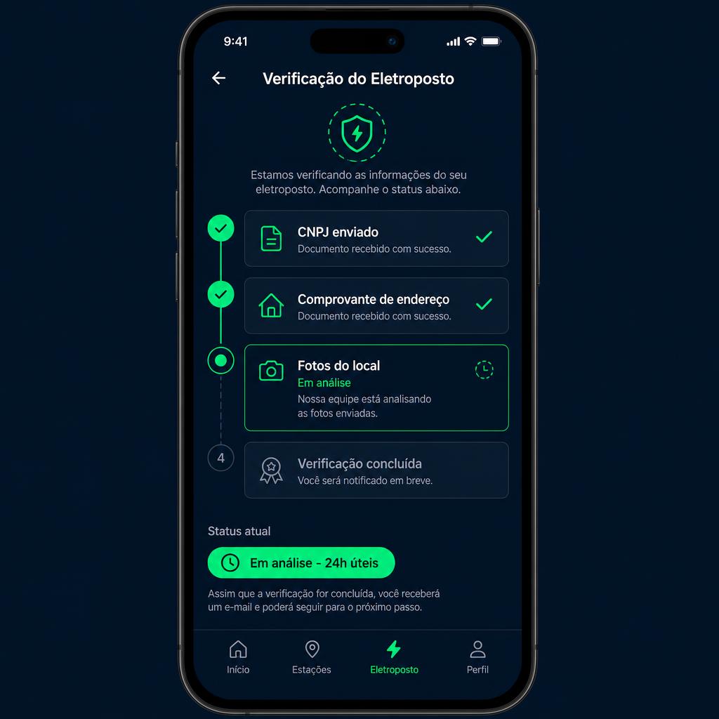 Exemplo de tela: Verificação do eletroposto em 3 passos